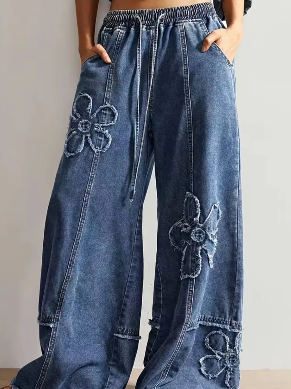 Wide-Leg Drawstring Denim Pants with Frayed Flower Details